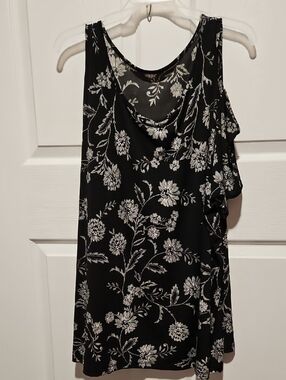 Catherines Black and White Floral Scoop Cold Shoulder Top